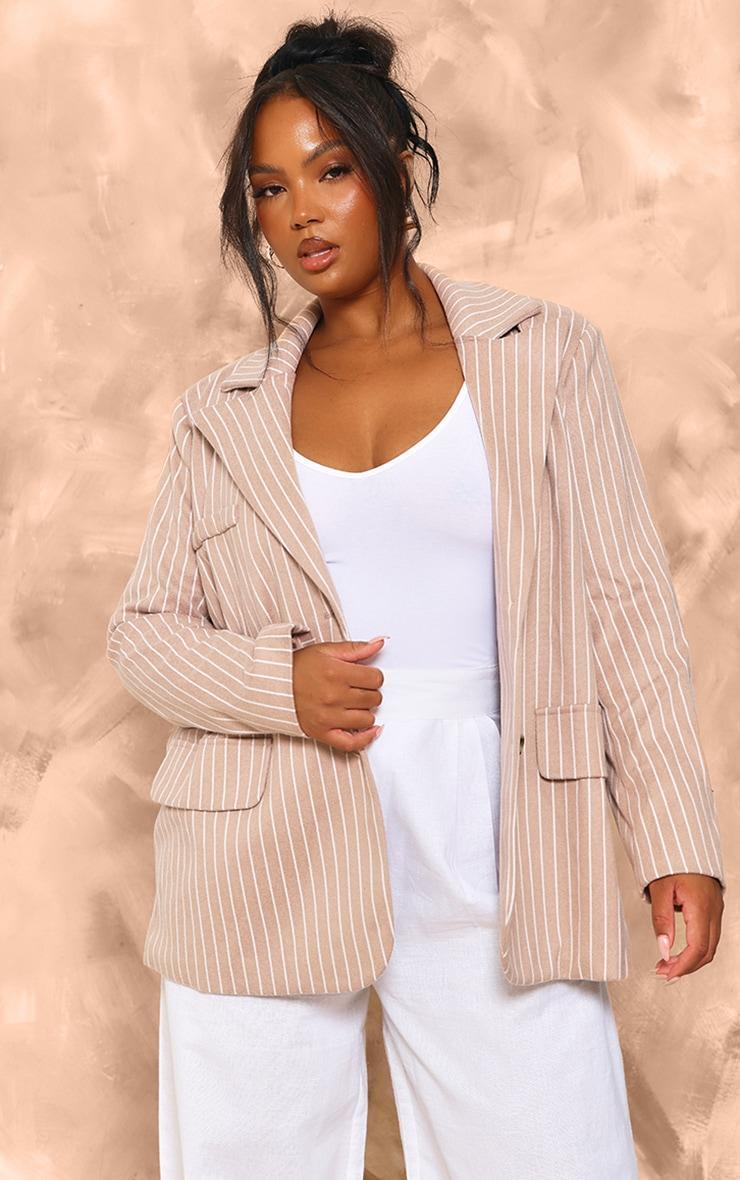 Plus Stone Oversized Pinstripe Single Breasted Blazer Product Image