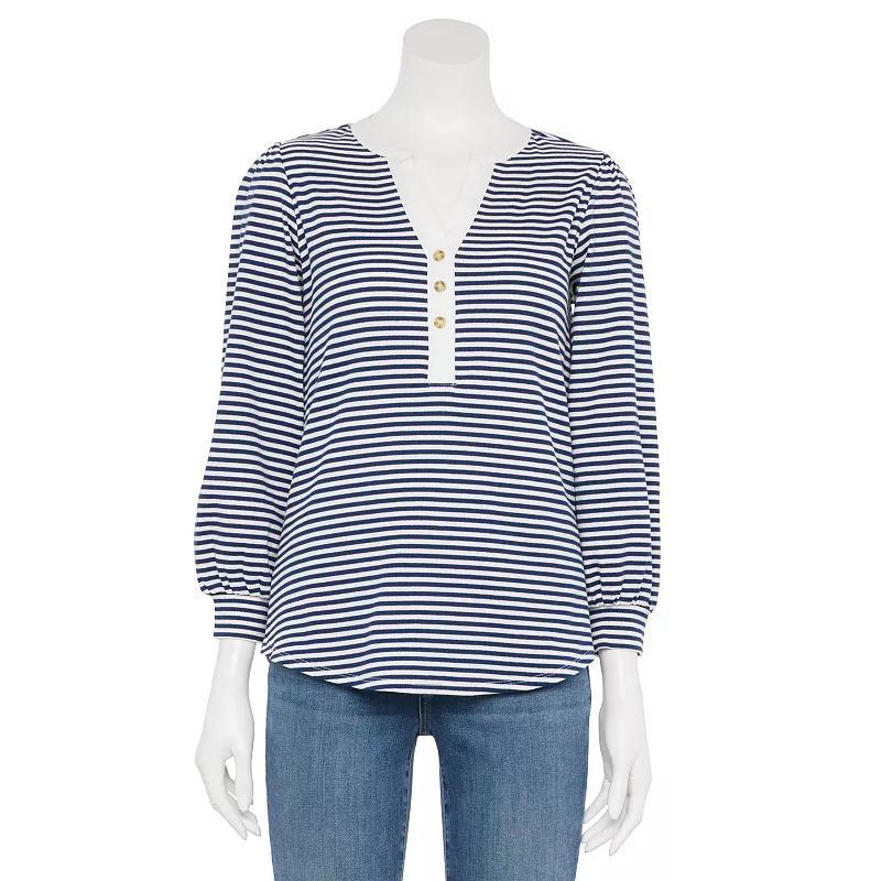 Womens LC Lauren Conrad Long Sleeve Henley Top Blue Raleigh Stripe Product Image