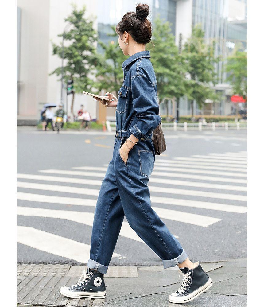 Long-Sleeve Denim Jumpsuit Product Image