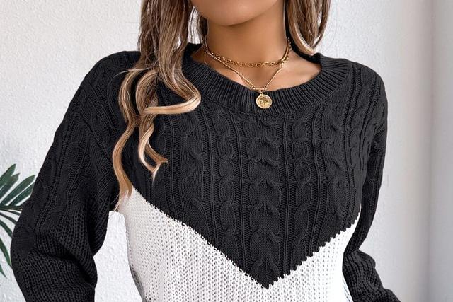 Crew Neck Color Block Cable Knit Sweater Product Image