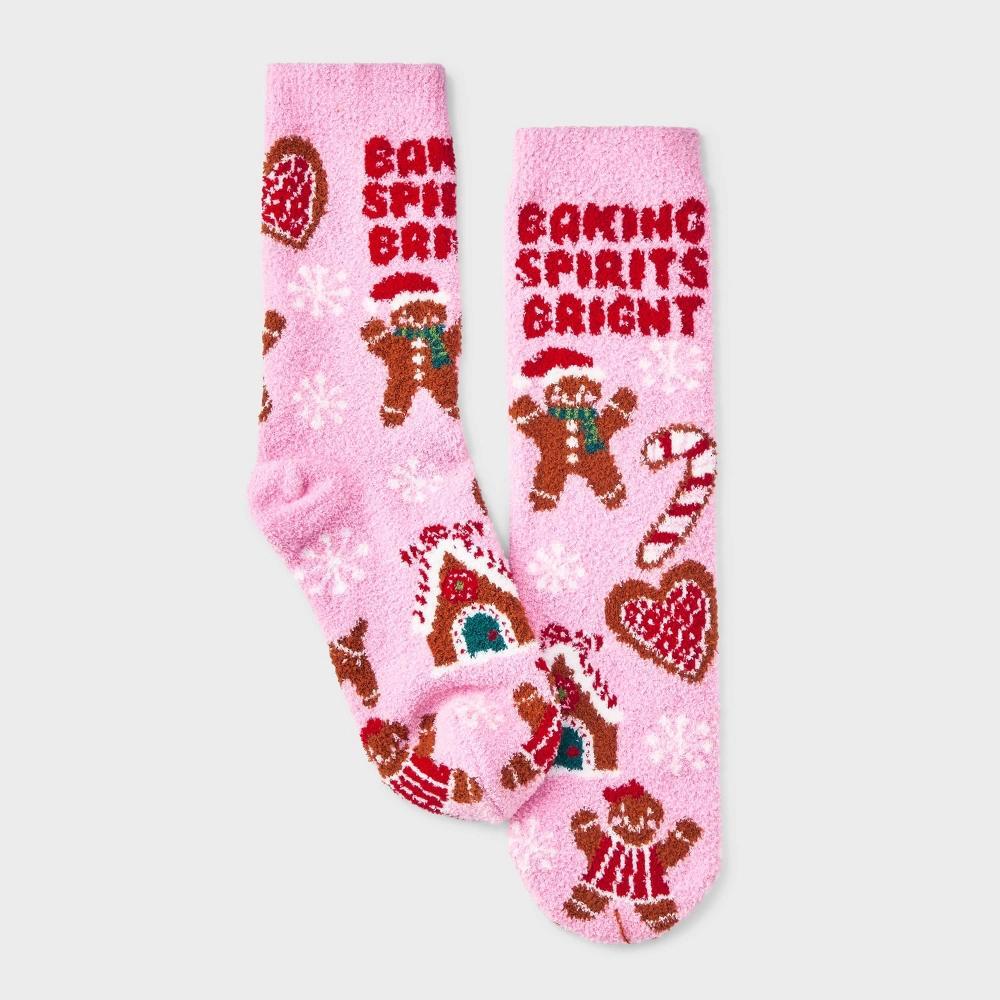 Women's 'Baking Spirits Bright' Gingerbread Cozy Christmas Crew Socks with Gift Card Holder - Wondershop™ Pink 4-10 Product Image