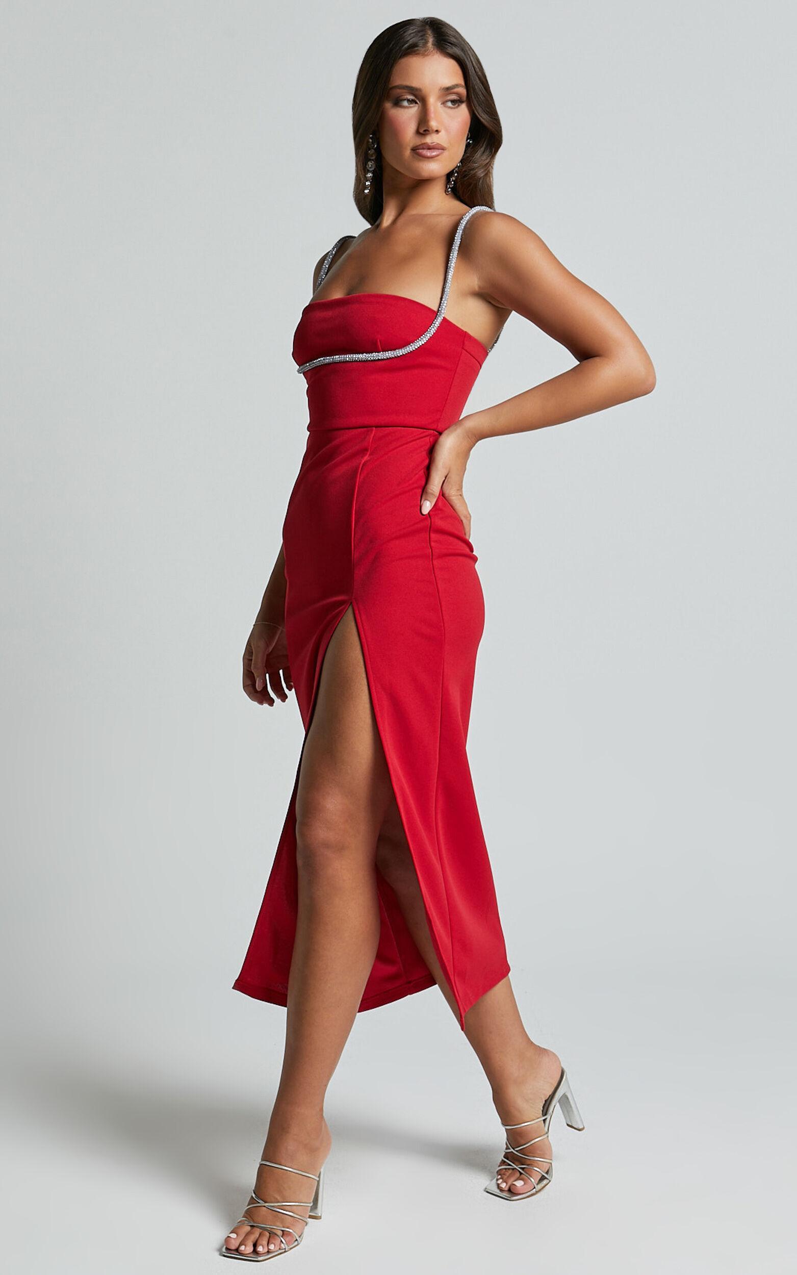 Sharley Midi Dress - Diamante Detail Pencil Dress in Red Product Image