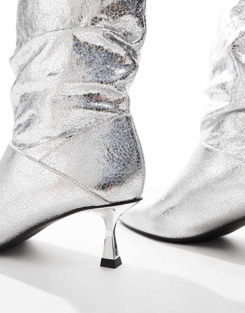 London Rebel Whitney slouchy kitten heel boots in silver Product Image