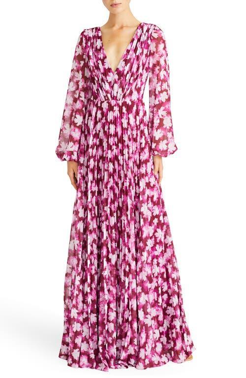 ML Monique Lhuillier Melanie Pleated Floral Long Sleeve Chiffon Gown Product Image