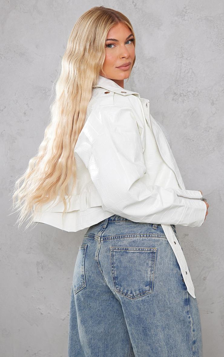 White Croc Faux Leather Oversized Biker Jacket Product Image