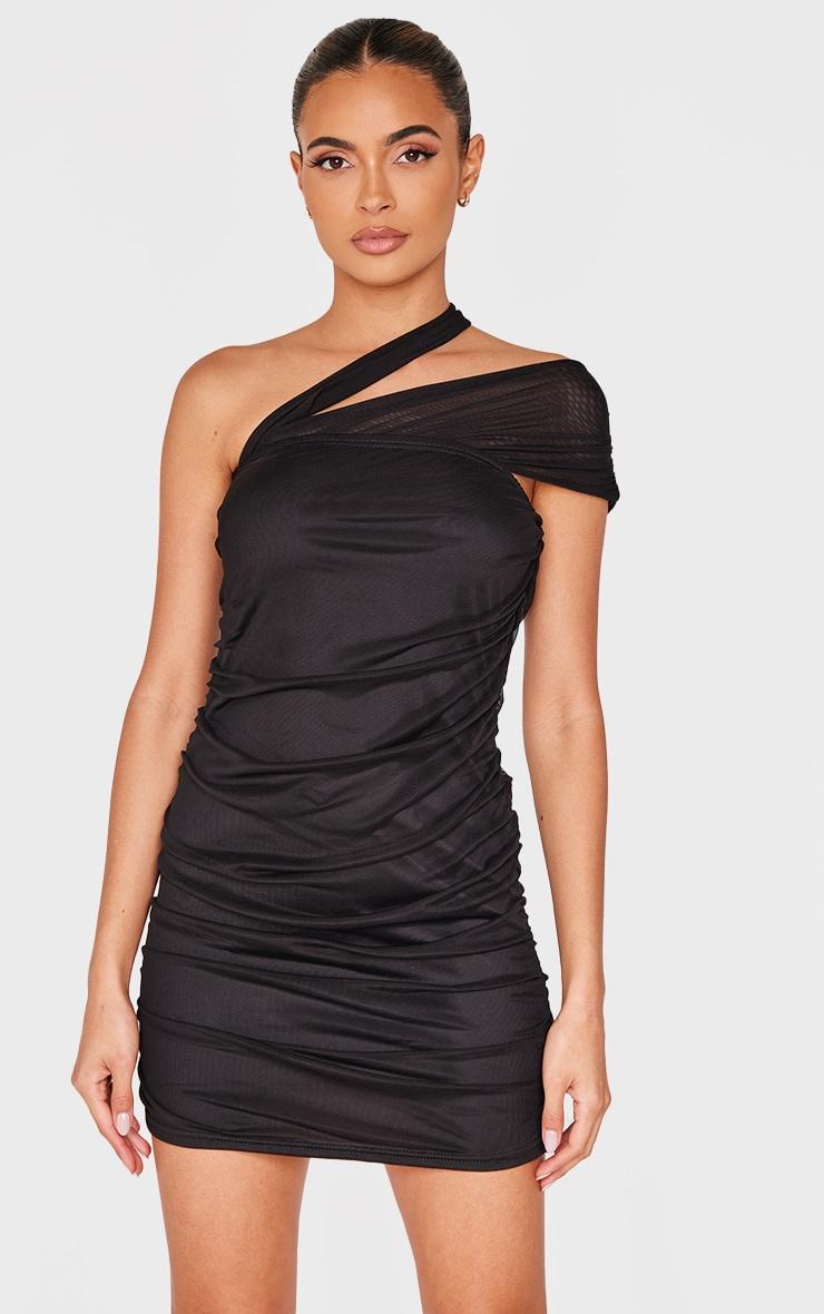 Black Mesh Neck Detail Mini Dress Product Image