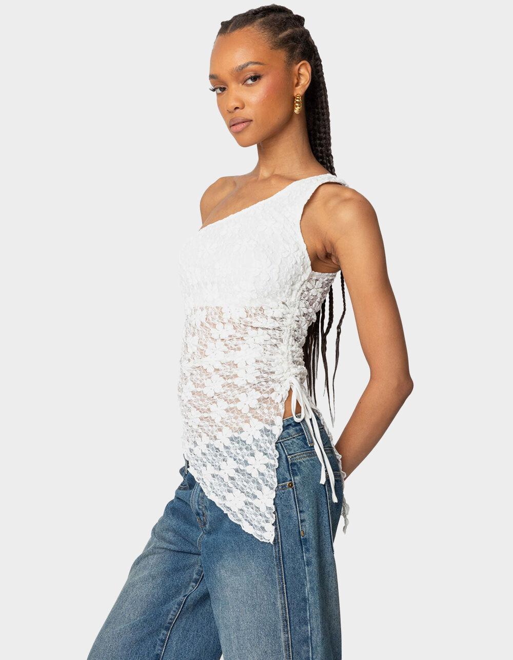 EDIKTED Lacey Sheer Asymmetric Drawstring Top Product Image