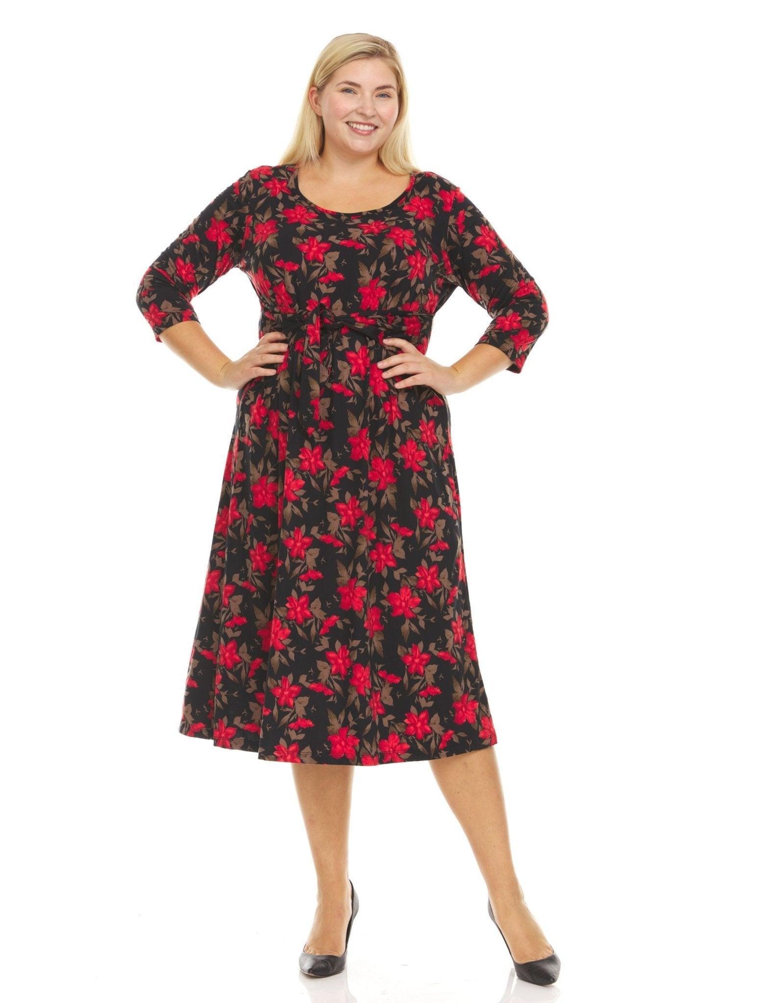 Three quarter sleeve crew neck printed A line midi dress with selt tie belt- plus Product Image