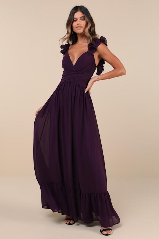 Soiree Celebration Purple Floral Ruffled Lace-Up Maxi Dress Product Image