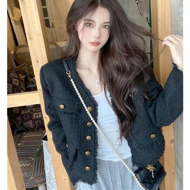 V-Neck Plain Fringed Tweed Crop Button Jacket Product Image