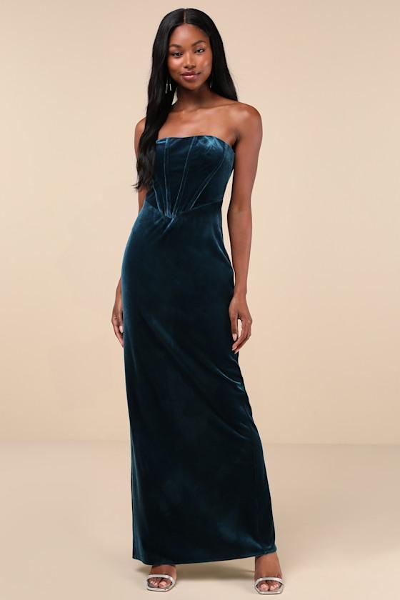 Regal Affect Teal Blue Velvet Bustier Strapless Maxi Dress Product Image