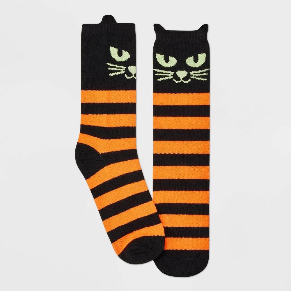 Womens Cat with Glow-in-the-Dark Eyes Halloween Crew Socks - Hyde & EEK! Boutique /Orange 4-10 Product Image