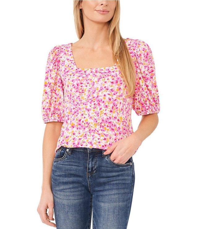 CeCe Square Neck Short Puff Sleeve Floral Blouse Product Image