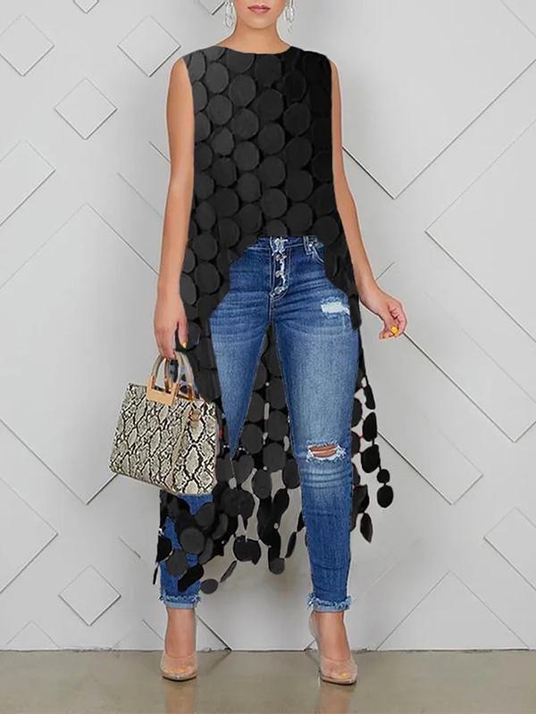 High-low Sleeveless Hollow Polka-Dot Round-neck Vest Top Product Image