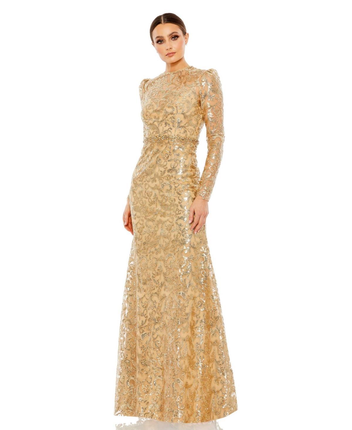 Mac Duggal Sequin Tapestry Long Sleeve Trumpet Gown Product Image