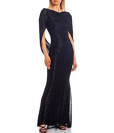 Betsy  Adam Drape Back Detail 34 Cape Sleeve Draped Round Neck Metallic Crinkle Ruched Sheath Gown Product Image