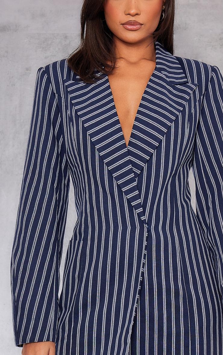 Navy Woven Stripe Pocket Long Sleeve Blazer Dress Product Image