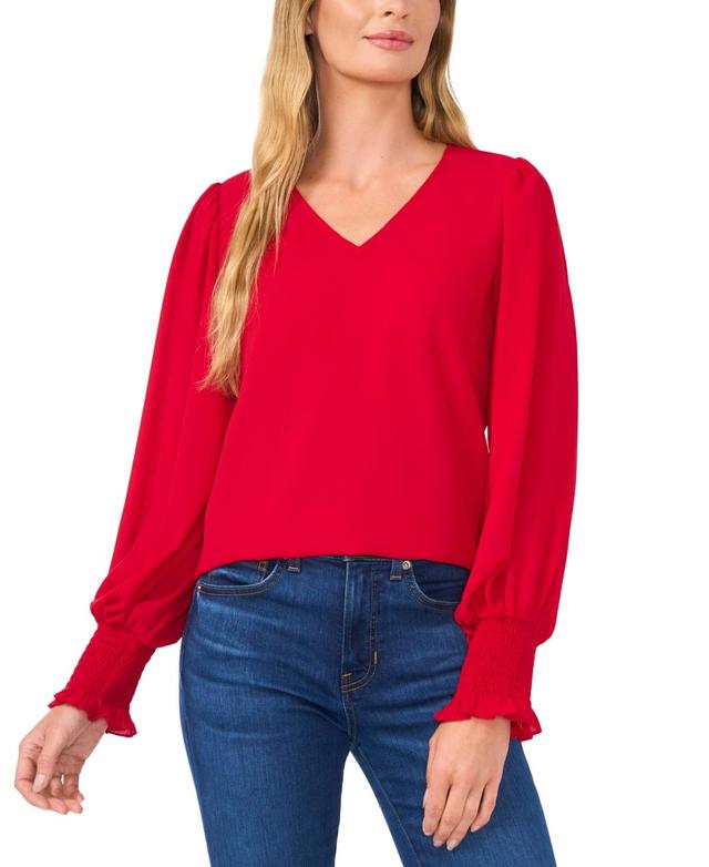 CeCe Womens Long-Sleeve Smocked-Cuff V-Neck Blouse Product Image