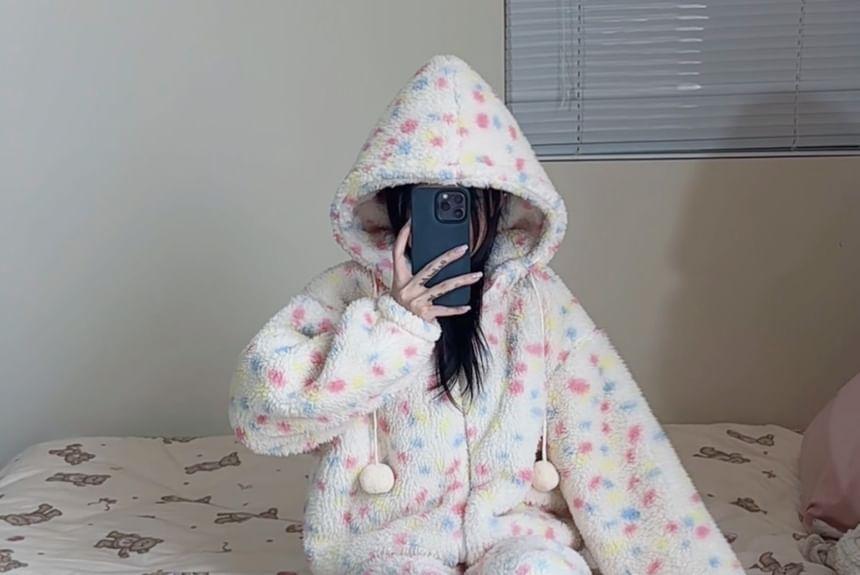 Hooded Dotted Fleece Pajama Set Product Image