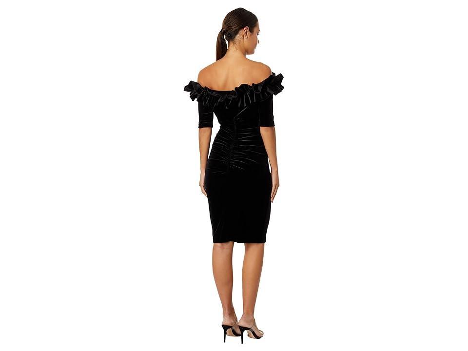 Xscape Evenings Ruffle Off the Shoulder Velvet Sheath Dress Product Image