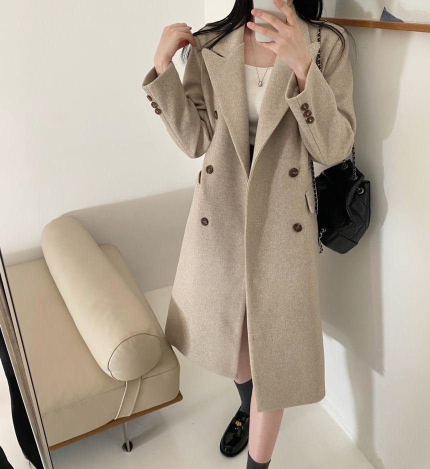 Peak Lapel Plain Midi Double Breasted Coat Product Image