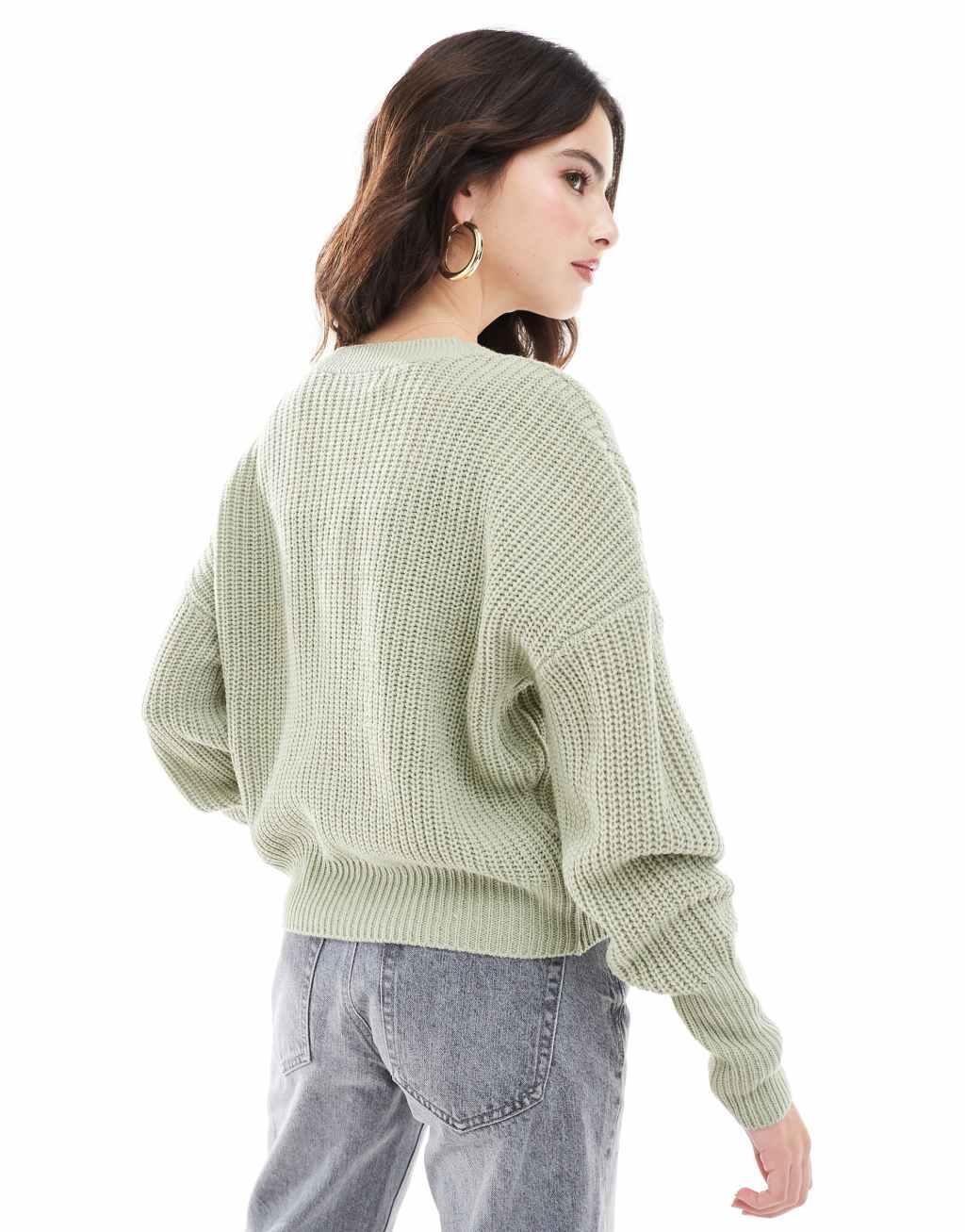 Vero Moda button through chunky rib cardigan in sage green Product Image