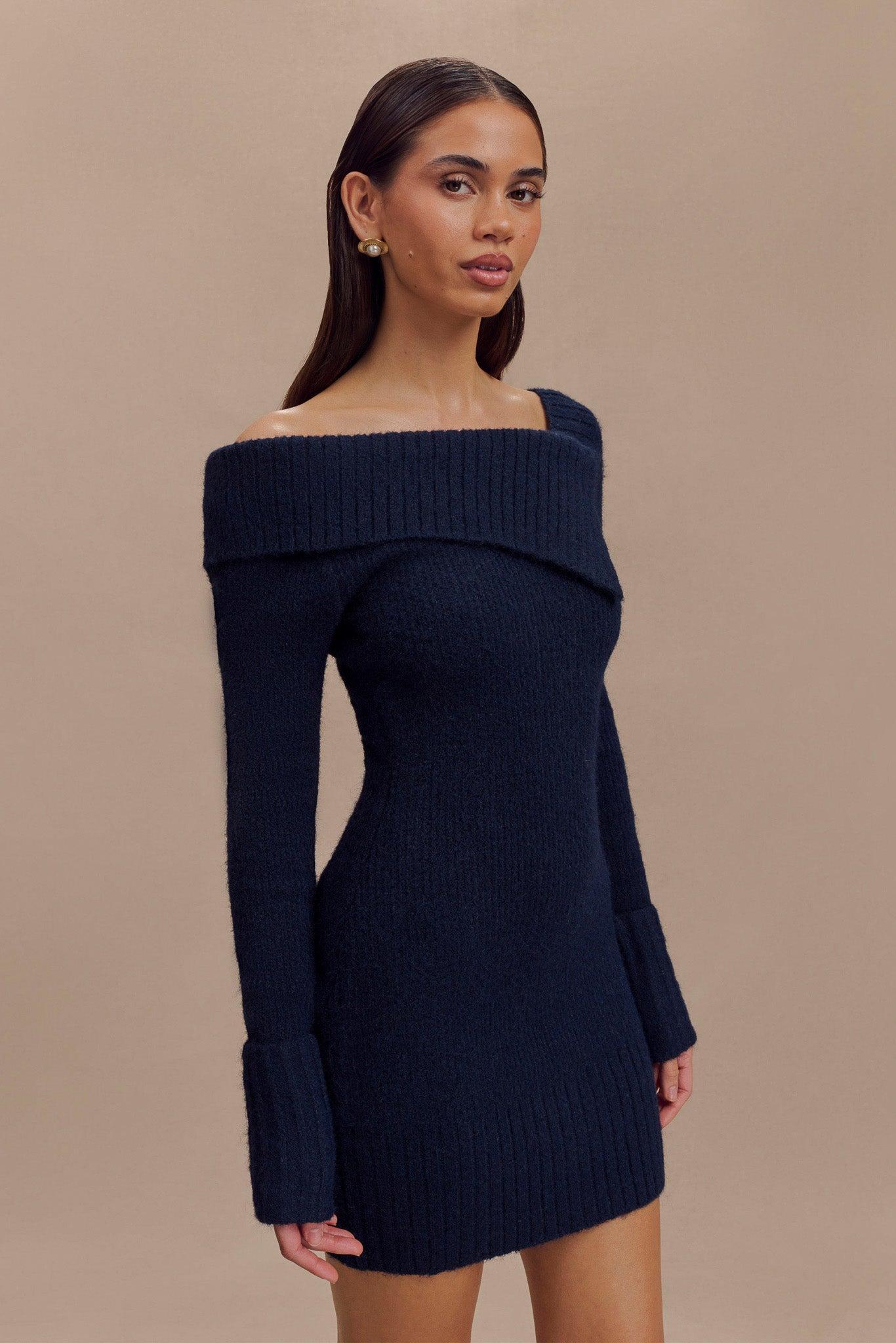 Stephanie Asymmetric Knit Mini Dress - Dark Navy Product Image