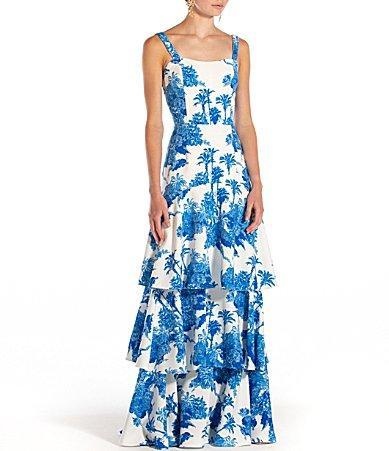 Mestiza New York Torero Palm Toile Print Square Neck Shoulder Strap Tiered Ruffled Maxi Dress Product Image