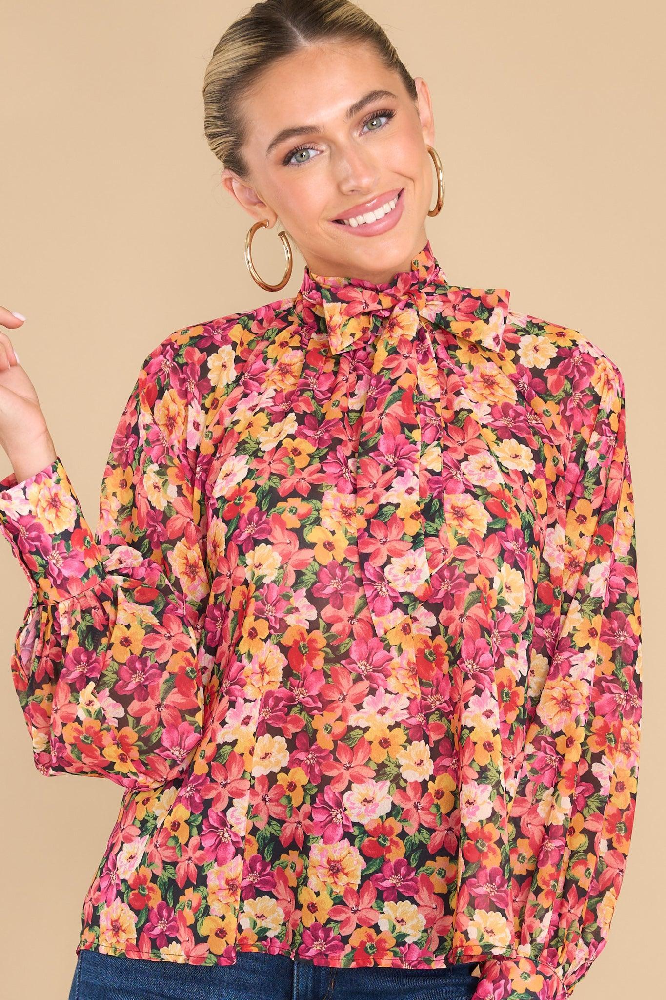 Aura Beautiful Borders Pink Multi Floral Print Chiffon Top Product Image