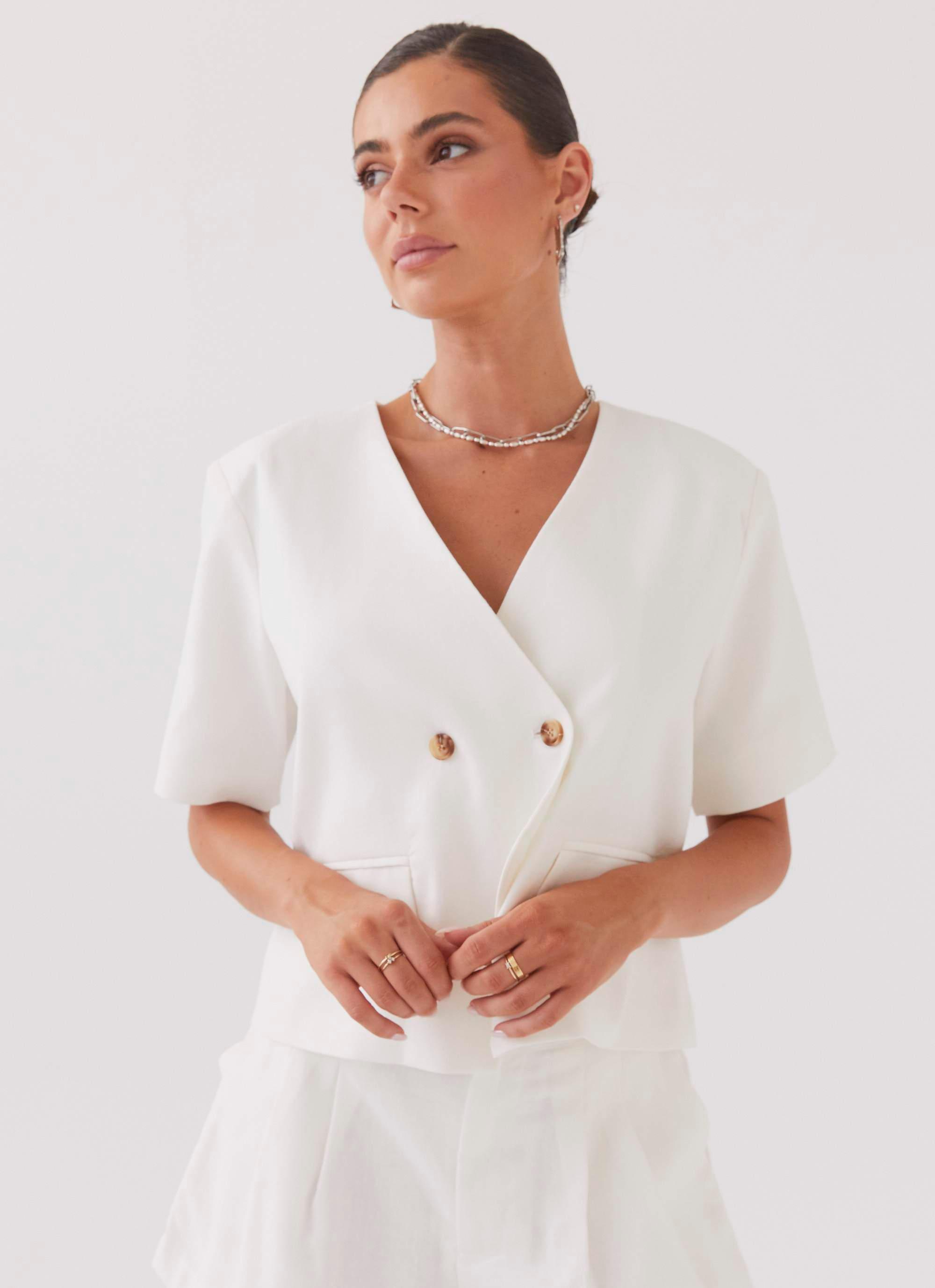 Hacienda Linen Short Sleeve Blazer - White Product Image