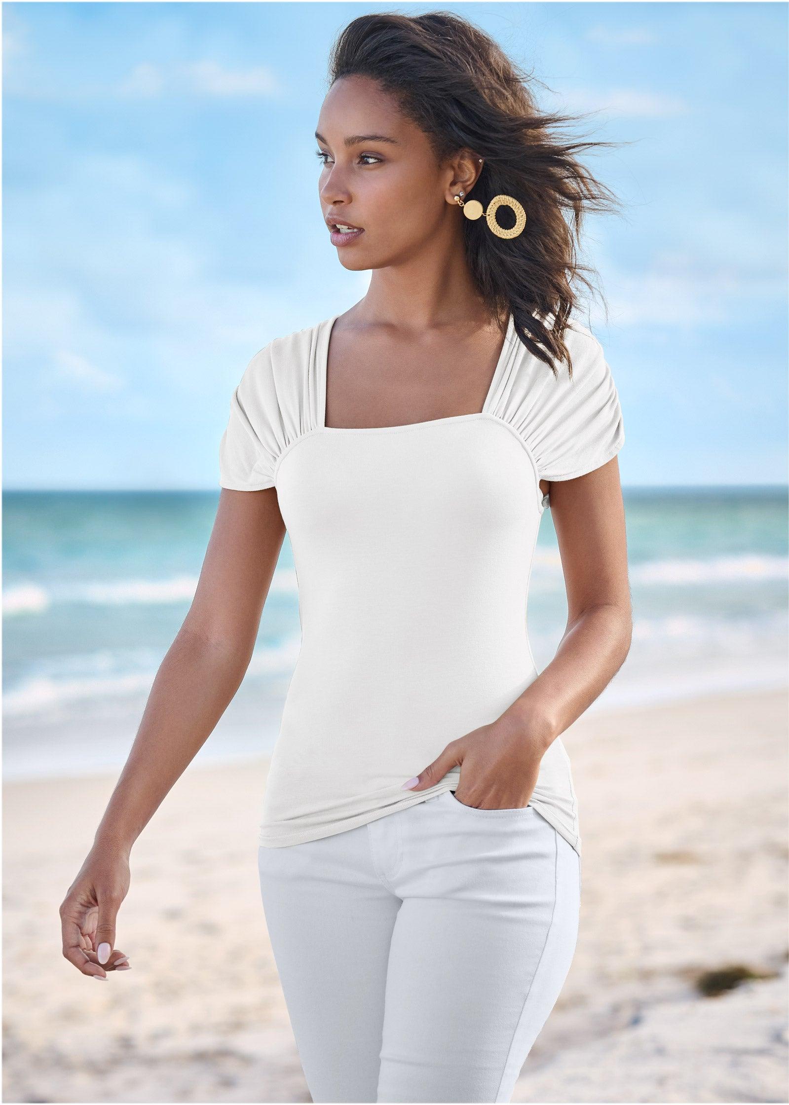 Ruched Sleeve Top - White Product Image