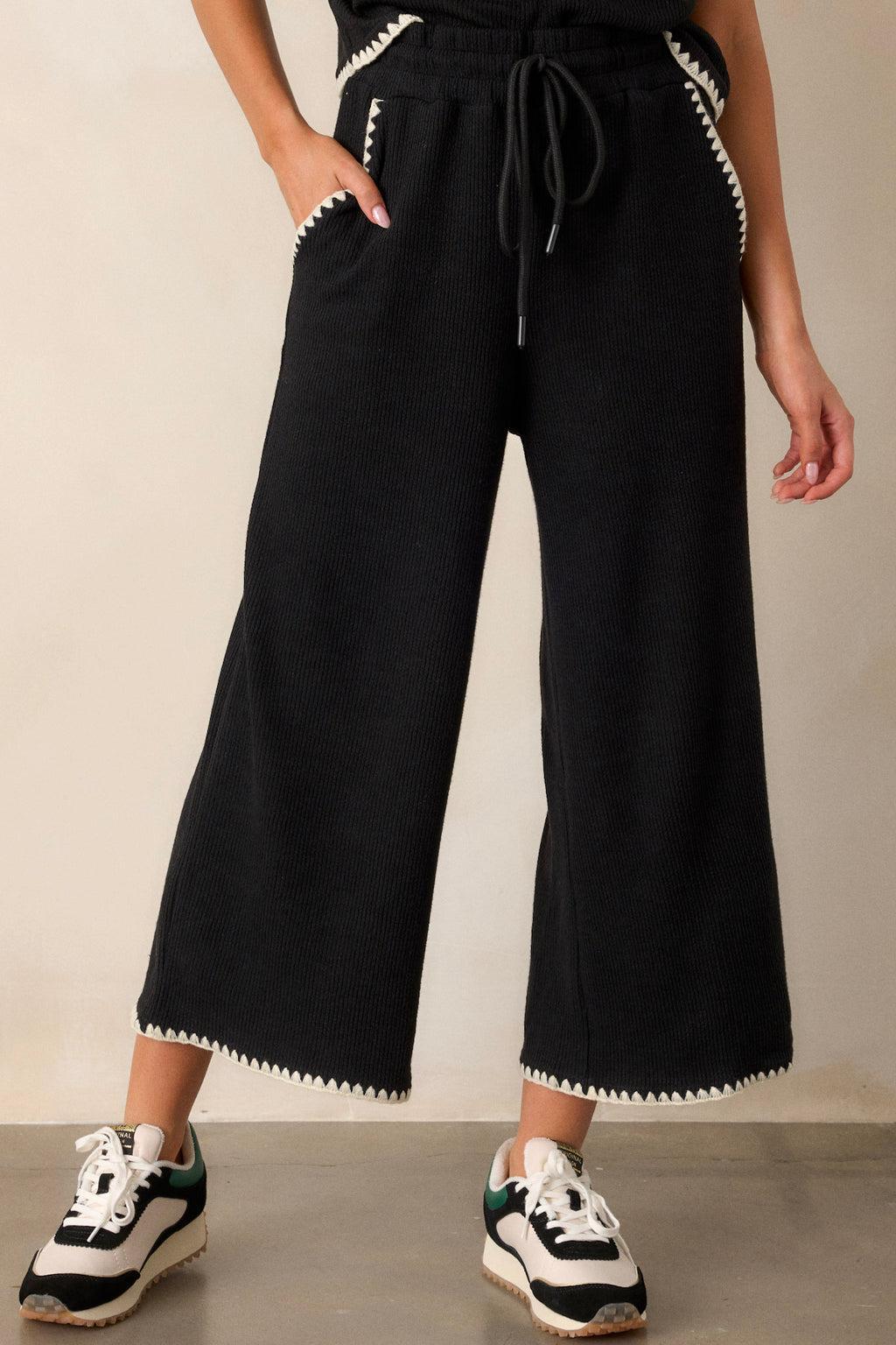 Anytime Now Black Blanket Stitch Wide Leg Pants Product Image