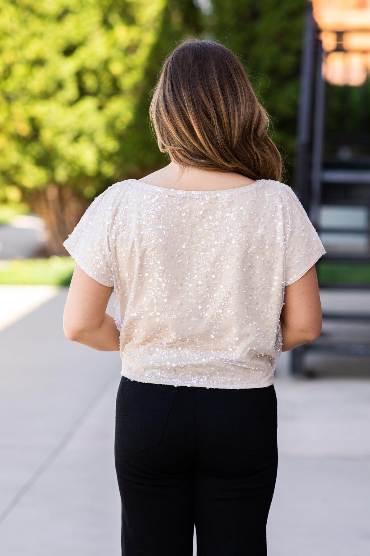 Beige Sequin Boat Neck Top Product Image