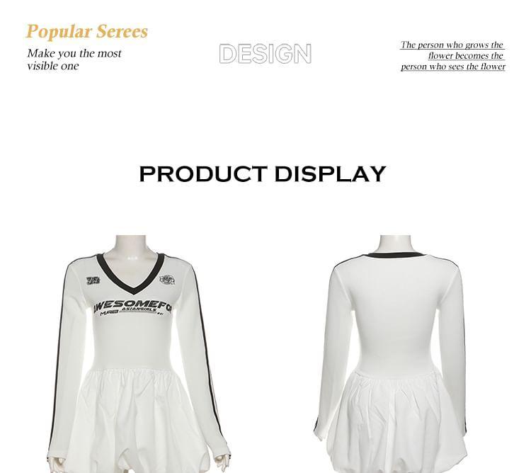 Long-Sleeve V-Neck Lettering Striped Mini A-Line Dress Product Image