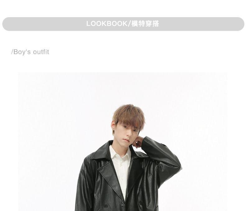 Lapel Collar Plain Faux Leather Double-Breasted Coat Product Image