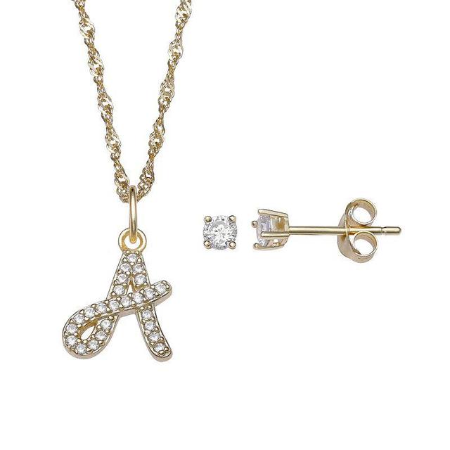 LC Lauren Conrad Sterling Silver Cubic Zirconia Stud Earrings & Initial Pendant Necklace Set, Womens Gold Tone H Product Image