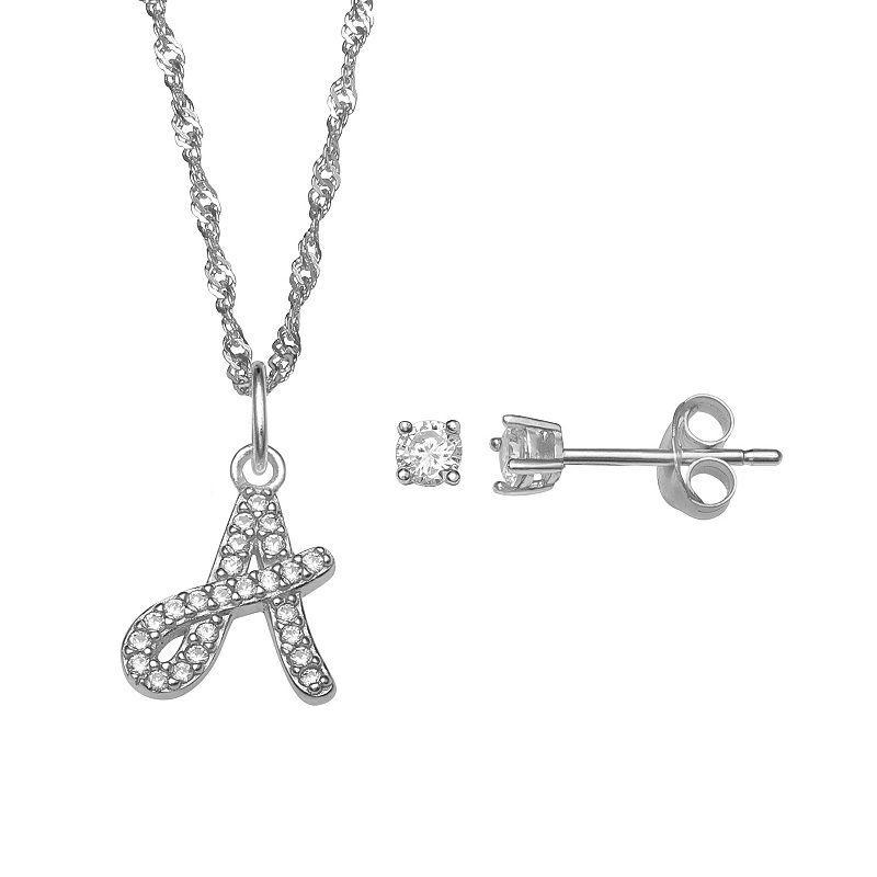 LC Lauren Conrad Sterling Silver Cubic Zirconia Stud Earrings & Initial Pendant Necklace Set, Womens Sterling Silver P Product Image