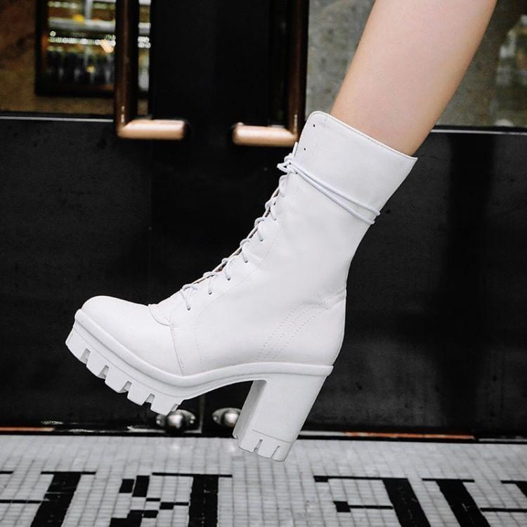 Platform Lace Up Block Heel Short Boots Product Image