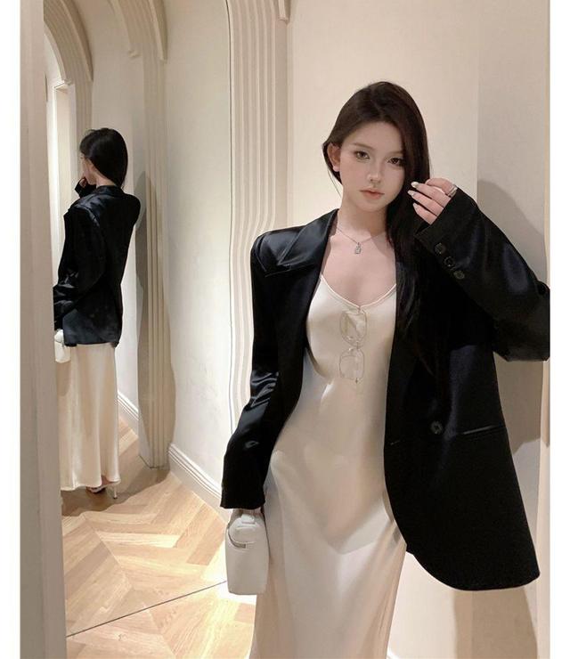 Spaghetti Strap Plain Satin Maxi A-Line Dress / Notch Lapel Plain Double Breasted Blazer Product Image