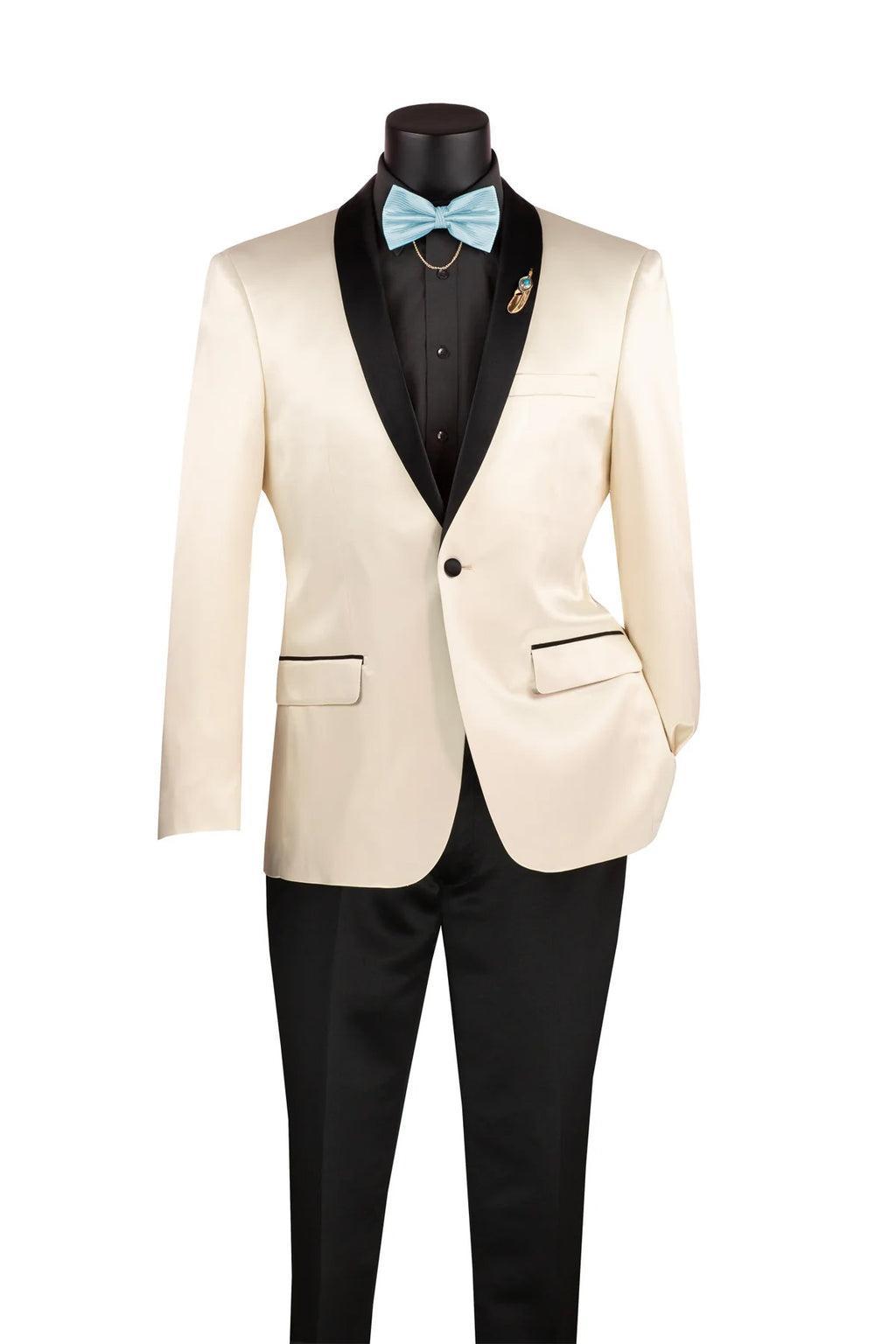 Champagne Beige Slim Fit Blazer Stretch Sateen 1 Button With Narrow Shawl Lapel Product Image