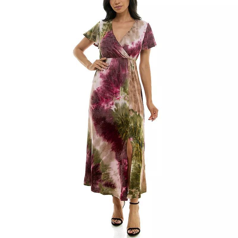 Womens Nina Leonard Tie Dye Print Flutter Sleeve V-Neck Maxi Dress Olive Green Wine Product Image