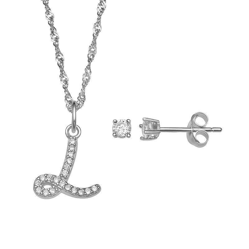 LC Lauren Conrad Sterling Silver Cubic Zirconia Stud Earrings & Initial Pendant Necklace Set, Womens Sterling Silver P Product Image