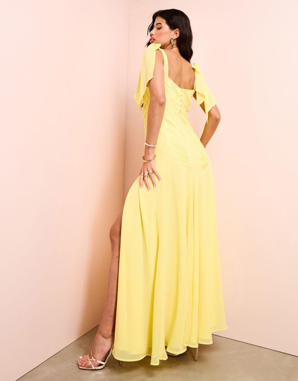 ASOS LUXE chiffon tie shoulder cut-out maxi dress in yellow Product Image