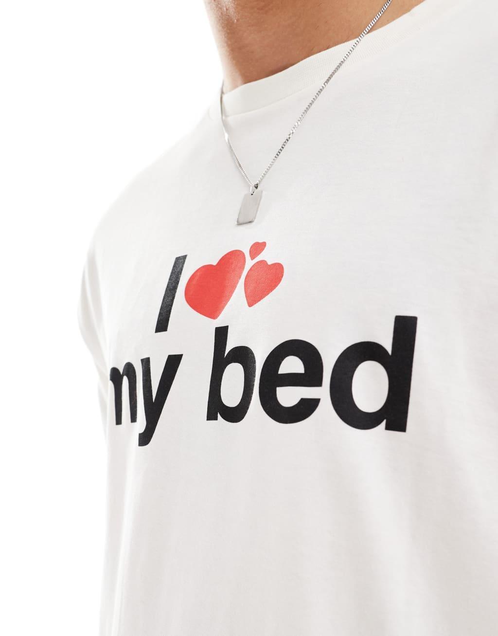 ASOS DESIGN pajama set with I love my bed graphic in cream Product Image