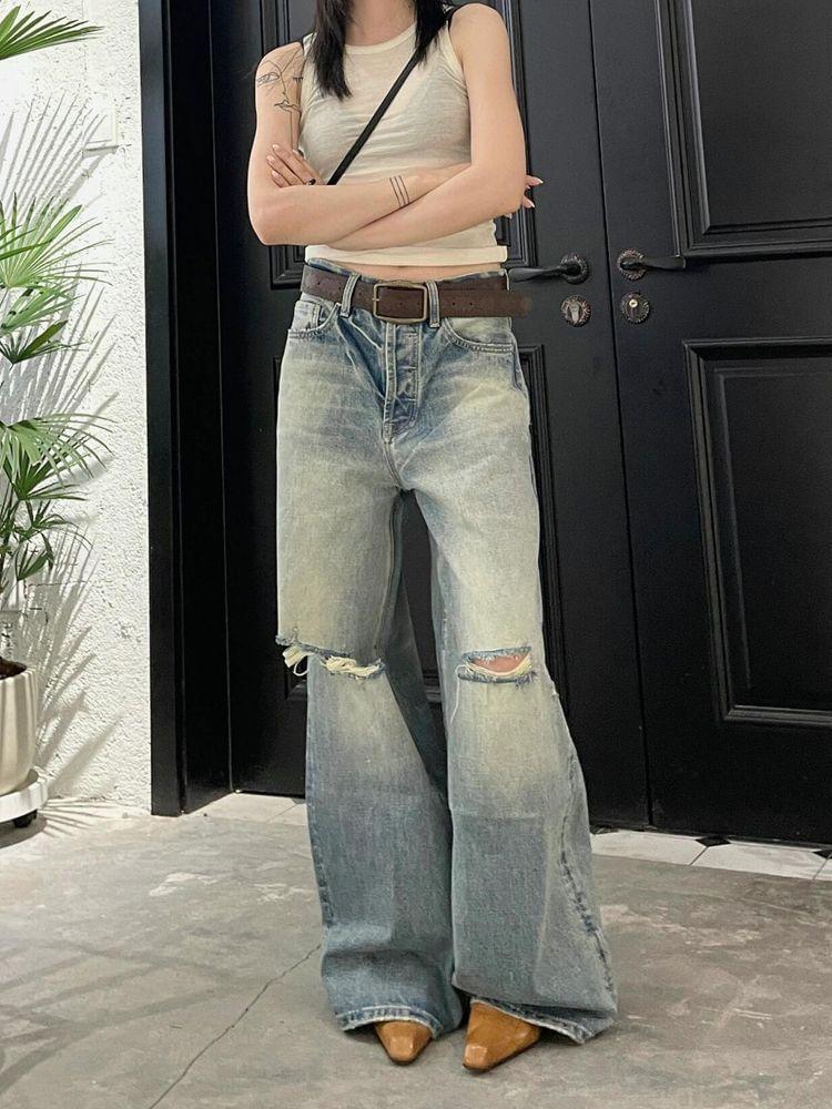 Low Rise Distressed Washed Wide Leg Jeans Product Image