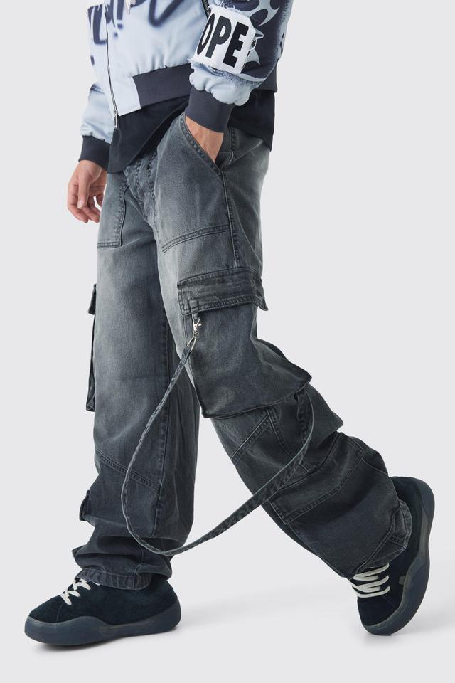 Baggy Rigid Cargo Strap Denim Jeans | boohooMAN USA Product Image