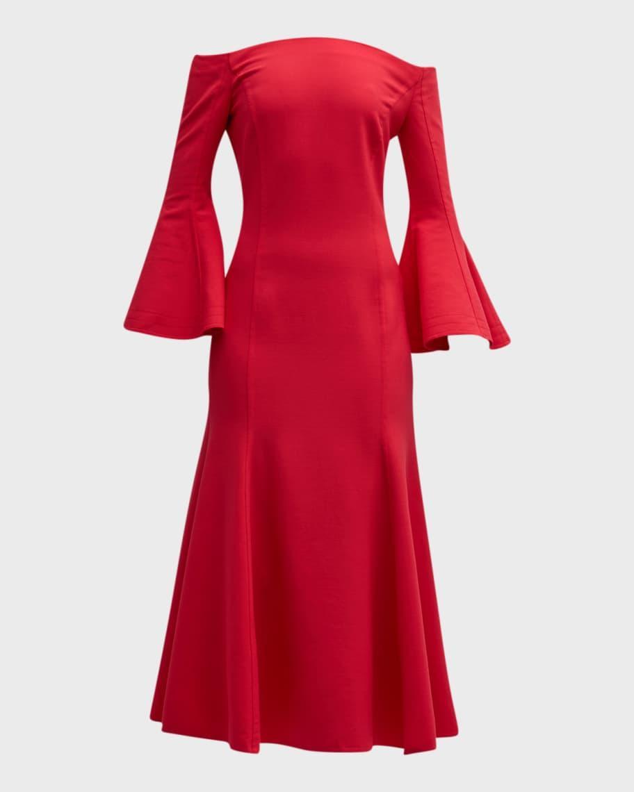 Off-The-Shoulder Flare-Sleeve Stretch Wool Midi Dress Product Image