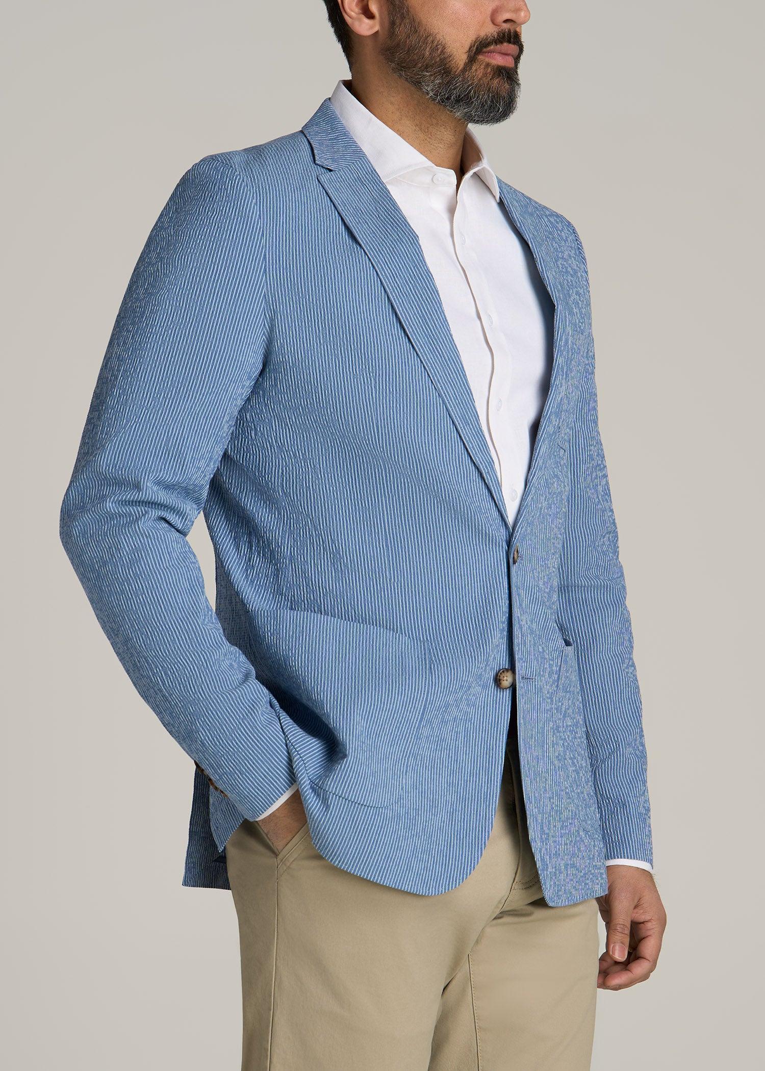 Stretch Seersucker Blazer for Tall Men in Tonal Blue Stripe Product Image