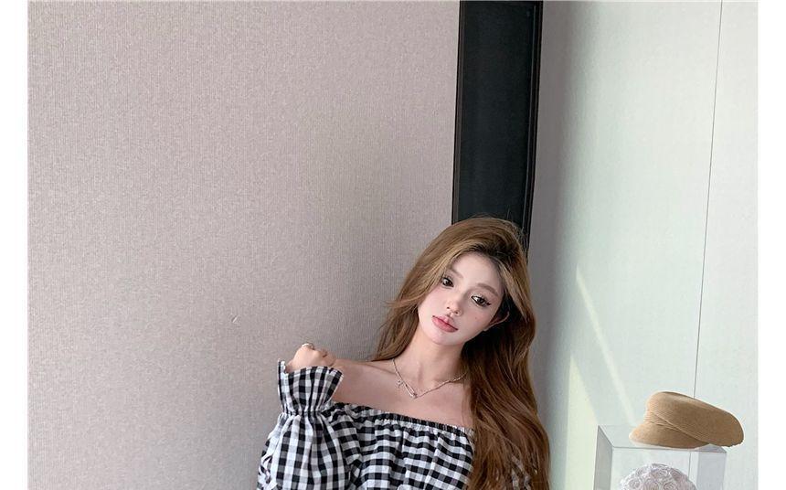 Off-Shoulder Puff-Sleeve Gingham Ruffled Blouse / High Waist Midi Mermaid Skirt Product Image