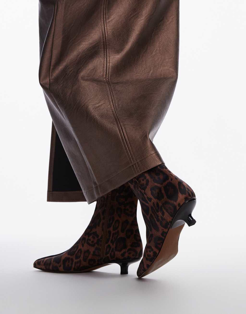 Topshop Nellie mid heel pointed toe ankle boots in leopard Product Image